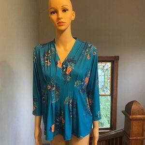 Twee Laurie Felt LA Turquoise Floral Shirt  Cinched Waist -- Size Small